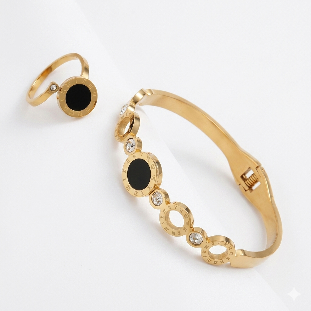 Conjuntos Premium Pulseira Anel Dourado com Zircônias – Elegância Atemporal™ Zalora joias