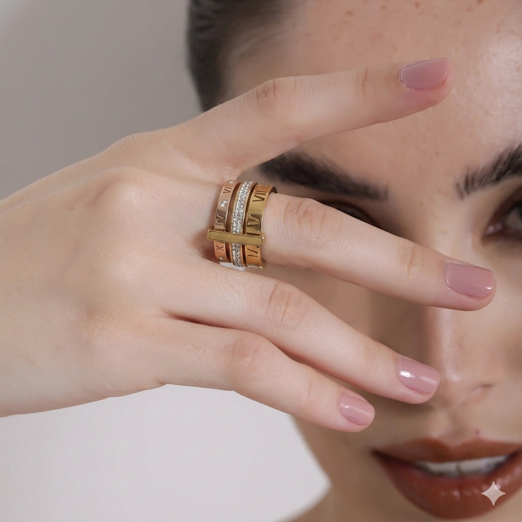 Zalora Joias – Anel Luxo 3 Camadas em Ouro 18K com Cristais