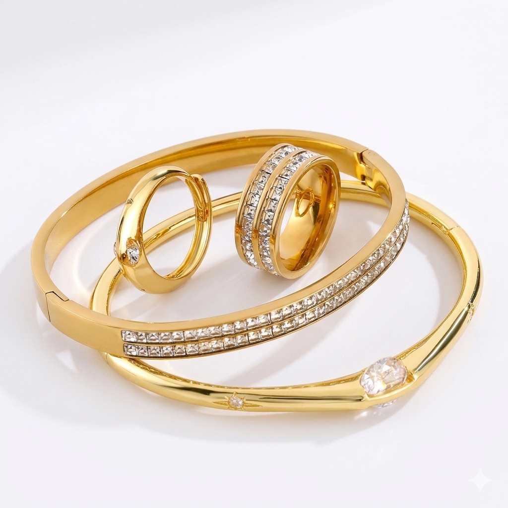 Conjunto 4 peças Pulseiras e Anéis Geométrico Dourado™ – Zalora Joias