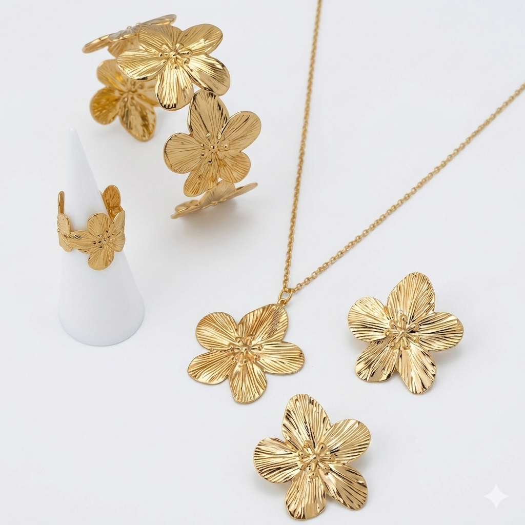 Zalora Joias™ Conjunto Floral Elegante 5 Peças Dourado Estilo Vintage Colar, Brincos, Anel e Pulseira Uso Diário