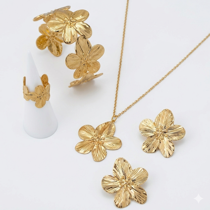 Zalora Joias™ Conjunto Floral Elegante 5 Peças Dourado Estilo Vintage Colar, Brincos, Anel e Pulseira Uso Diário
