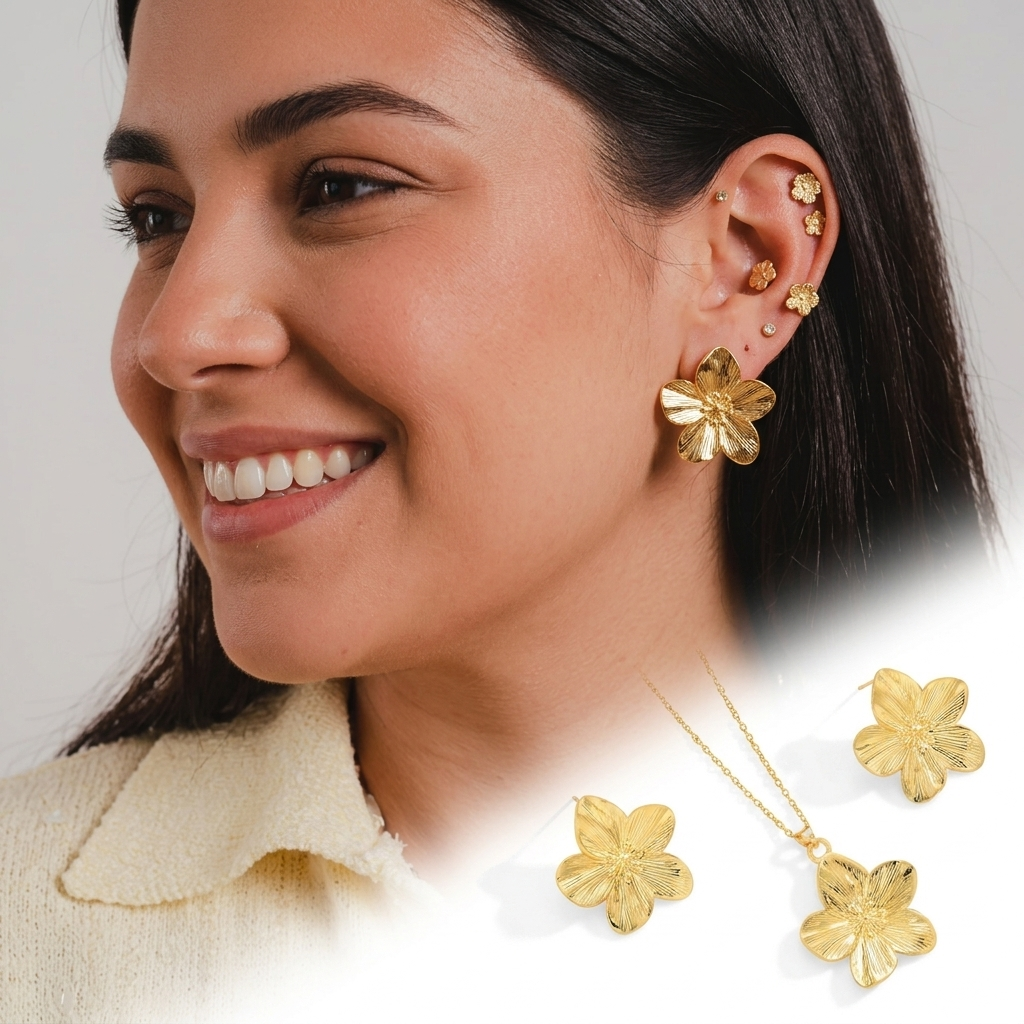 Zalora Joias  Ouro 18K Conjunto Floral Vintage 3 Peças em Aço Inoxidável