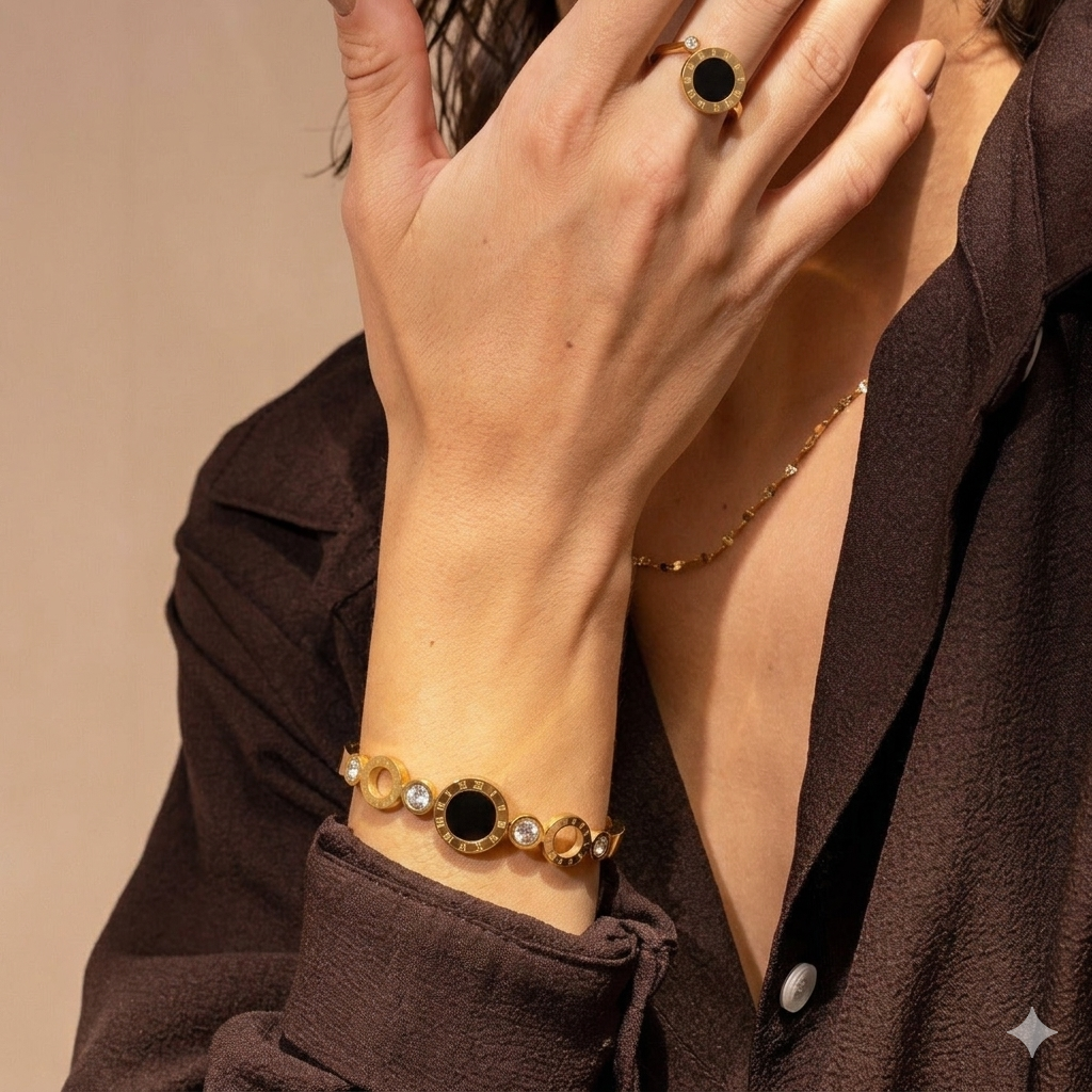 Conjuntos Premium Pulseira Anel Dourado com Zircônias – Elegância Atemporal™ Zalora joias