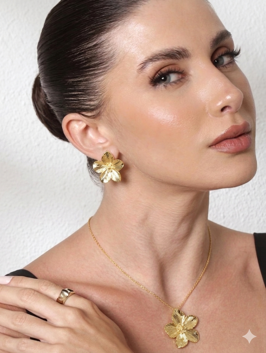 Zalora Joias  Ouro 18K Conjunto Floral Vintage 3 Peças em Aço Inoxidável