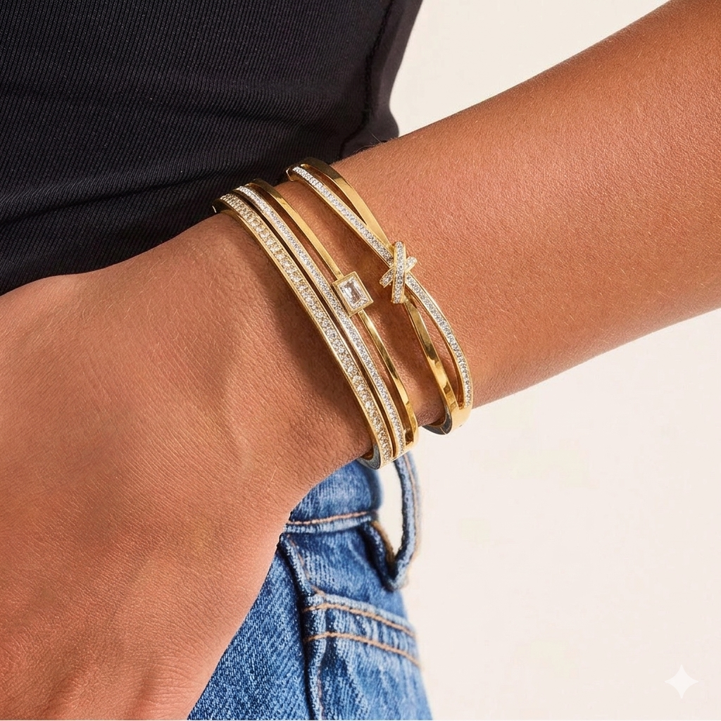 Bracelete Luxo Cristal Dourado – Elegância que Marca Presença