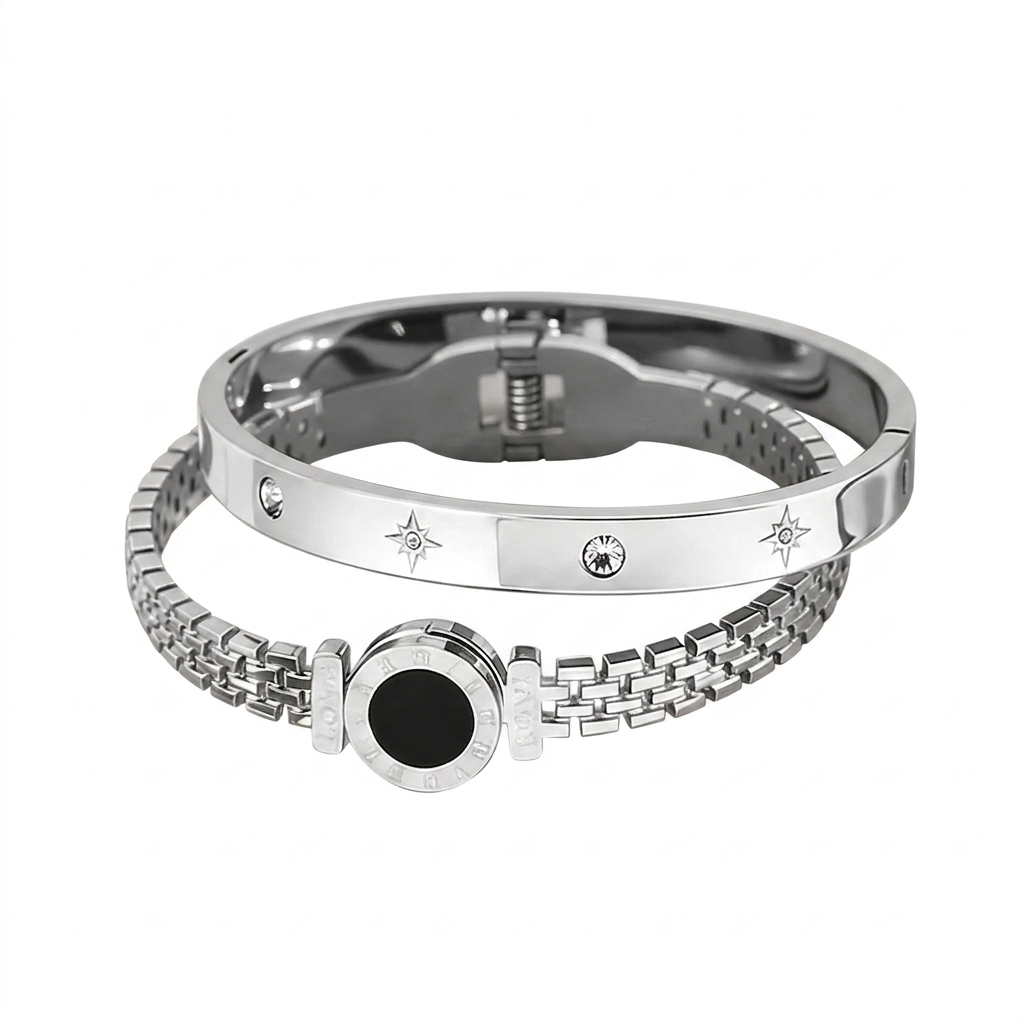 Zalora Joias – Kit 2 Pulseiras em Aço Inoxidável com Numerais Romanos Estilo Bracelete Relógio (Unissex)