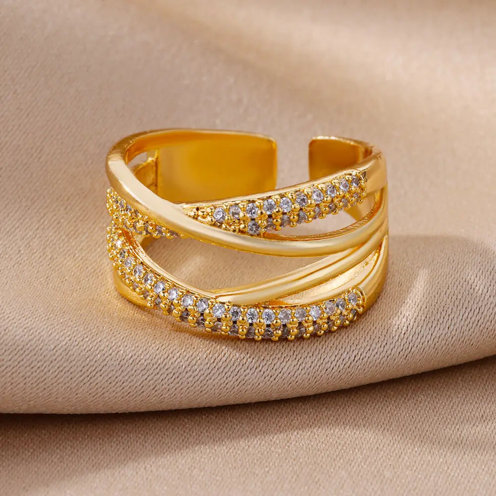 Zalora Joias – Anel Feminino Ajustável com Zircônia em Aço Inoxidável Banhado a Ouro | À Prova d’Água
