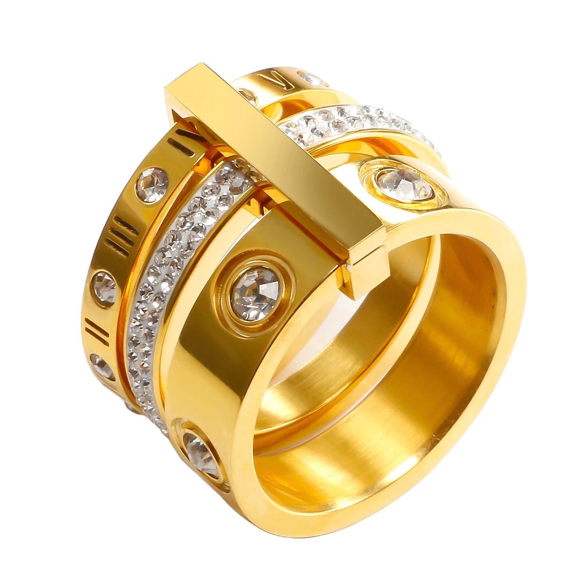 Zalora Joias – Anel Luxo 3 Camadas em Ouro 18K com Cristais