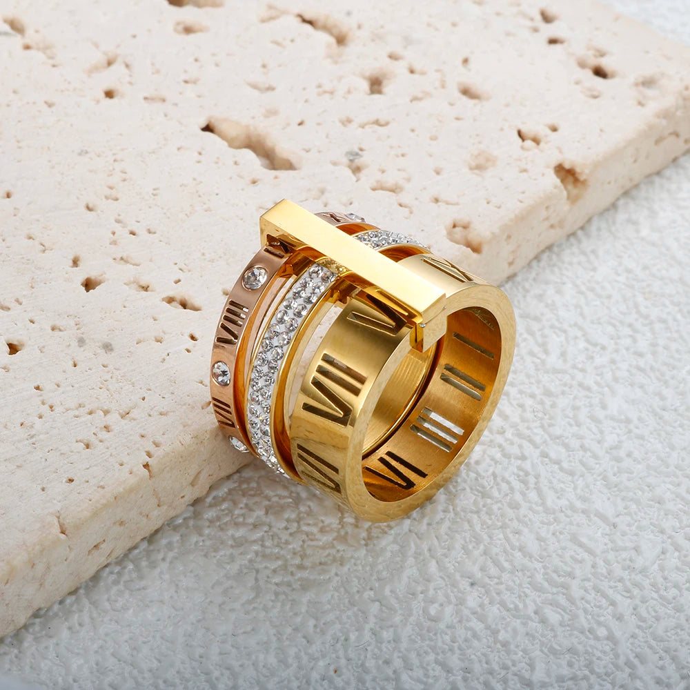 Zalora Joias – Anel Luxo 3 Camadas em Ouro 18K com Cristais
