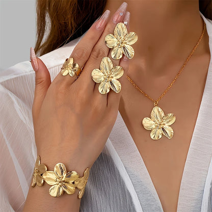 Zalora Joias™ Conjunto Floral Elegante 5 Peças Dourado Estilo Vintage Colar, Brincos, Anel e Pulseira Uso Diário
