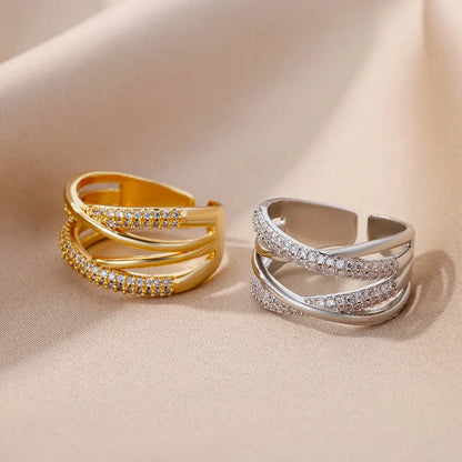 Zalora Joias – Anel Feminino Ajustável com Zircônia em Aço Inoxidável Banhado a Ouro | À Prova d’Água