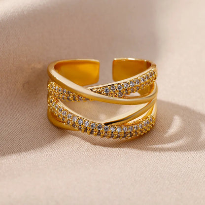 Zalora Joias – Anel Feminino Ajustável com Zircônia em Aço Inoxidável Banhado a Ouro | À Prova d’Água