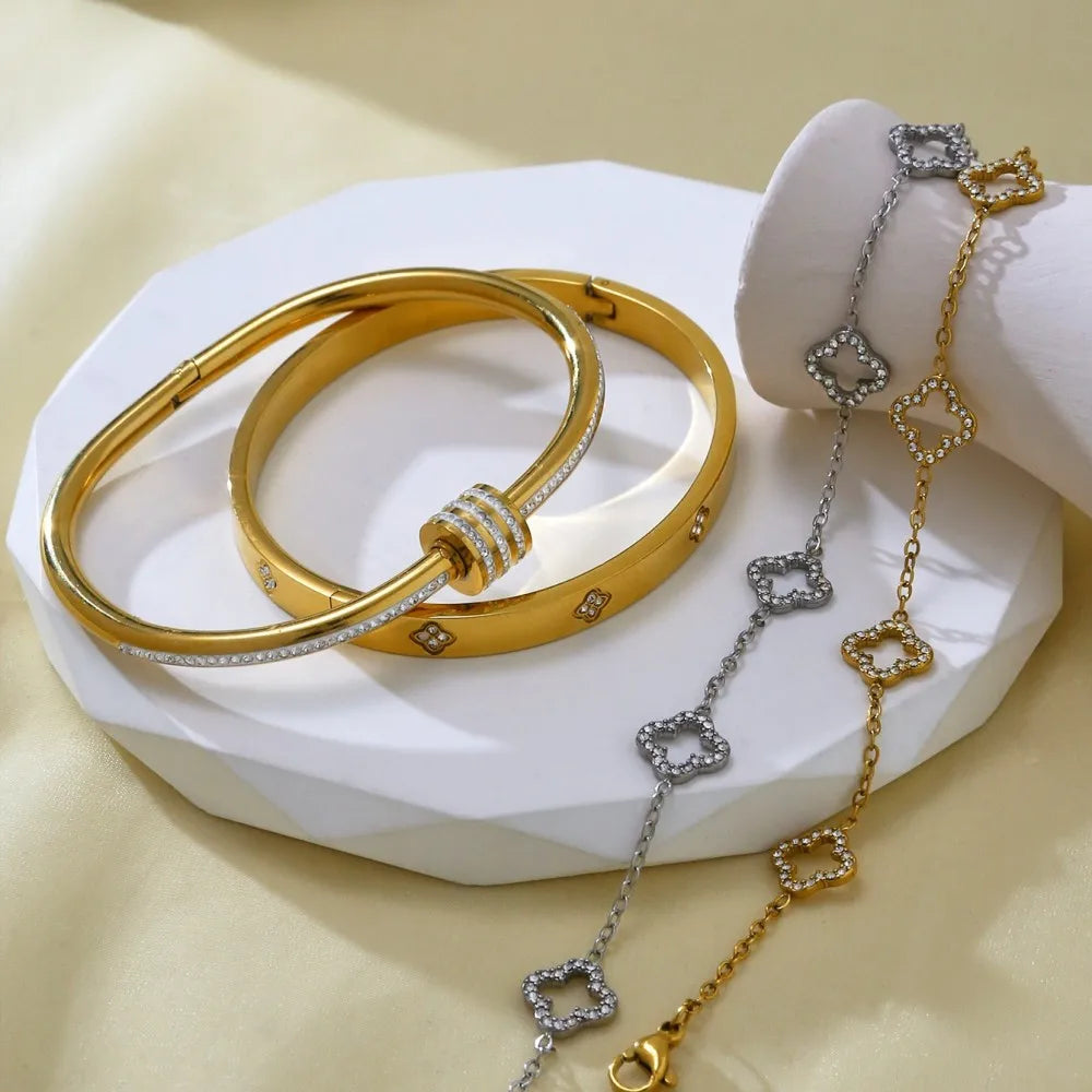 Zalora Joias – Pulseira de banho Ouro  Feminina Elegante com Zircônia Trevo da Sorte