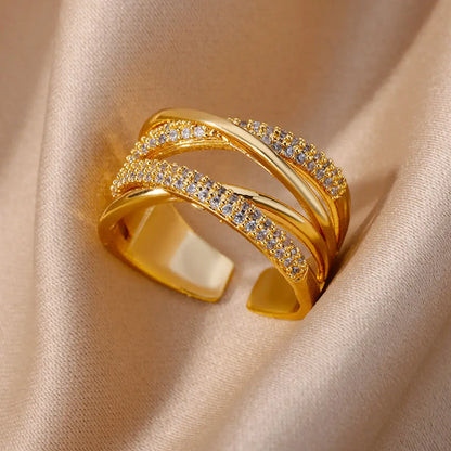 Zalora Joias – Anel Feminino Ajustável com Zircônia em Aço Inoxidável Banhado a Ouro | À Prova d’Água
