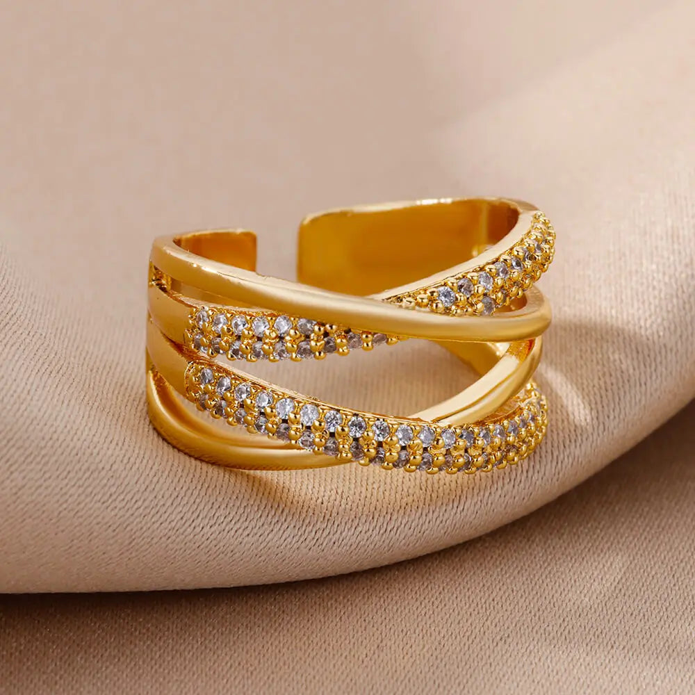 Zalora Joias – Anel Feminino Ajustável com Zircônia em Aço Inoxidável Banhado a Ouro | À Prova d’Água