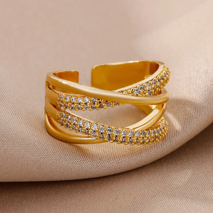 Zalora Joias – Anel Feminino Ajustável com Zircônia em Aço Inoxidável Banhado a Ouro | À Prova d’Água