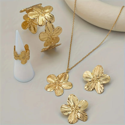 Zalora Joias™ Conjunto Floral Elegante 5 Peças Dourado Estilo Vintage Colar, Brincos, Anel e Pulseira Uso Diário