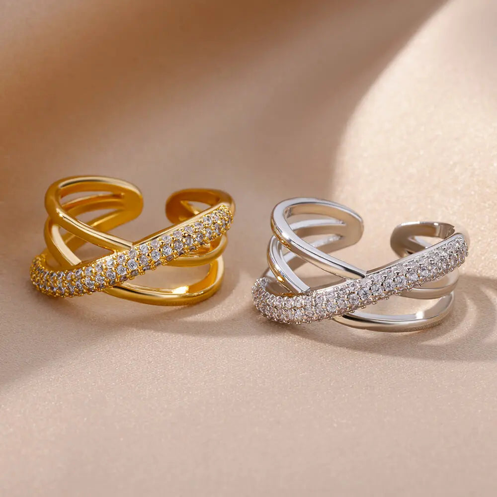 Zalora Joias – Anel Feminino Ajustável com Zircônia em Aço Inoxidável Banhado a Ouro | À Prova d’Água