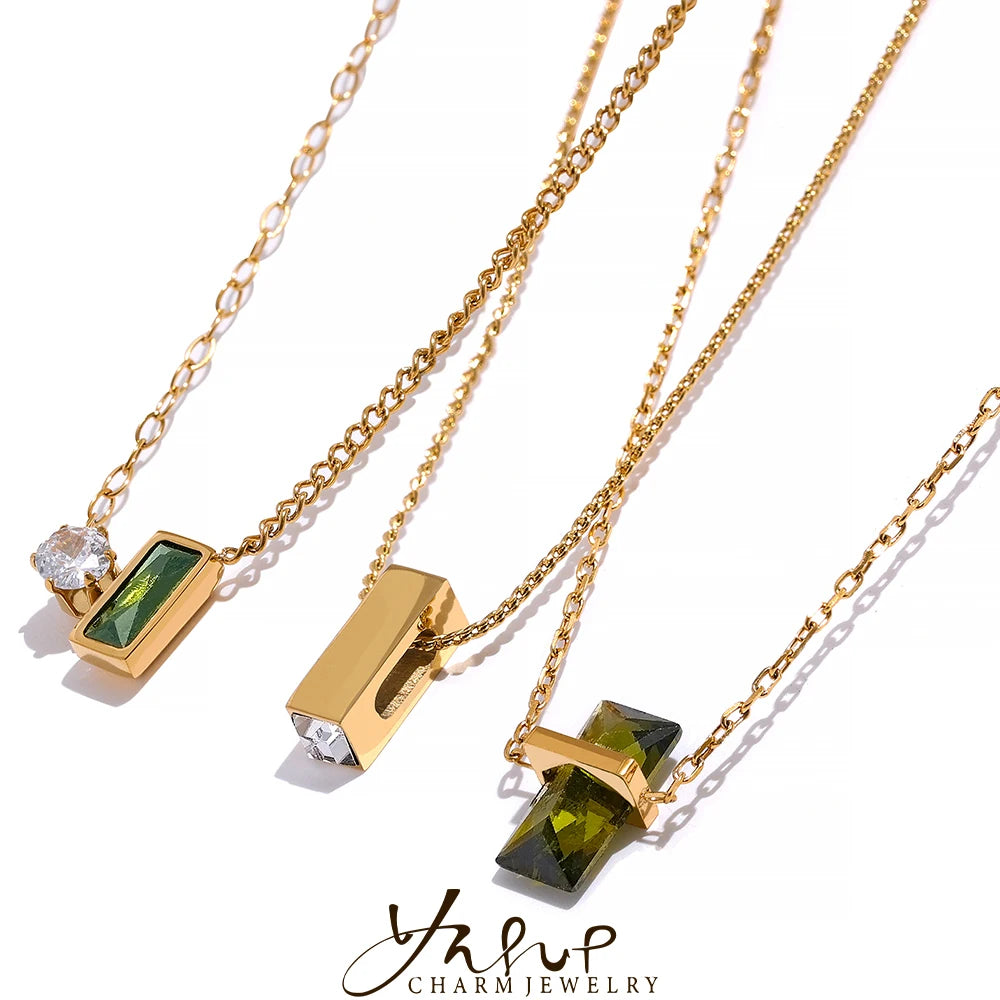 Yhpup Stainless Steel Olive Green Cubic Zirocnia Chic Pendant Necklace for Women Minimalist Charm Korean Fashion Collar Jewelry
